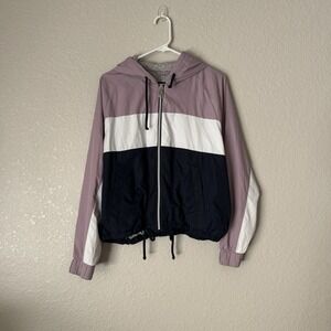 Hollister Womens XL Colorblock Windbreaker Jacket Mauve White Navy Full Zip Hood